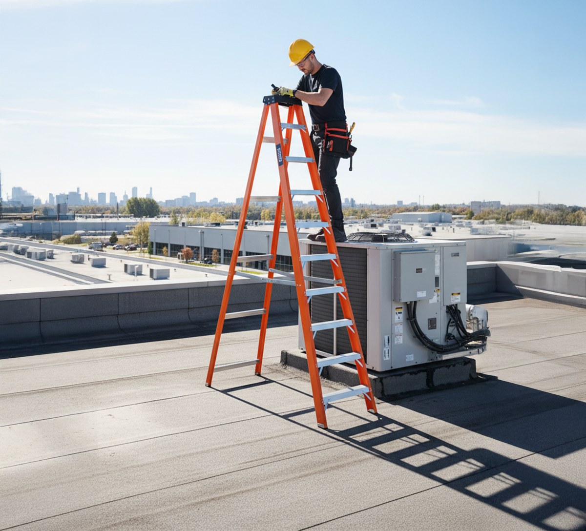 Escalera De Tijera Akron 80-97 | De Fibra de Vidrio | 3.05m| 9 Escalones | Uso Industrial Pesado | Tipo lA | Capacidad de Carga 225kg