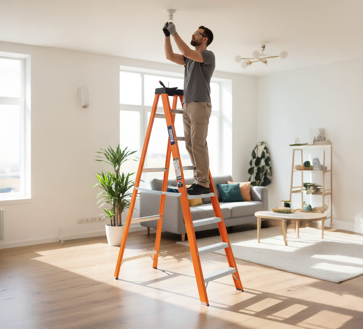 Escalera De Tijera Akron 80-95 | De Fibra de Vidrio | 2.44m | 7 Escalones | Uso Industrial Pesado | Tipo lA | Capacidad de Carga 225kg