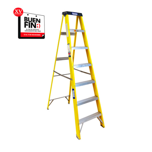 Escalera De Tijera Akron 81-49 | Fibra De Vidrio | 2.13m | 6 Escalones | Uso Industrial | Tipo l | Capacidad De Carga 200kg