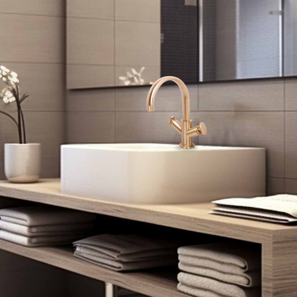 Mezcladora de Monoblock Doble Comando para Lavabo Dorada 8” Mod. Savona - Satín Niquel