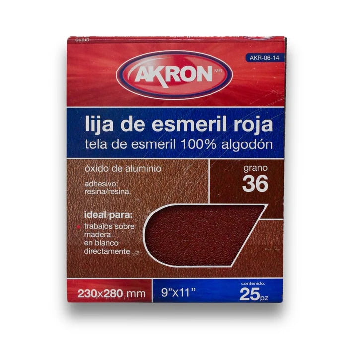Lija de Esmeril Rojo Akron AKR06-14 | Grano 36 | 25 Hojas
