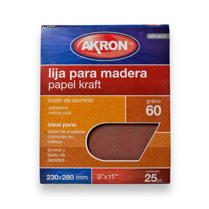 Lija de Madera Akron AKR06-27 | Grano 60 Kraft | 25 Hojas