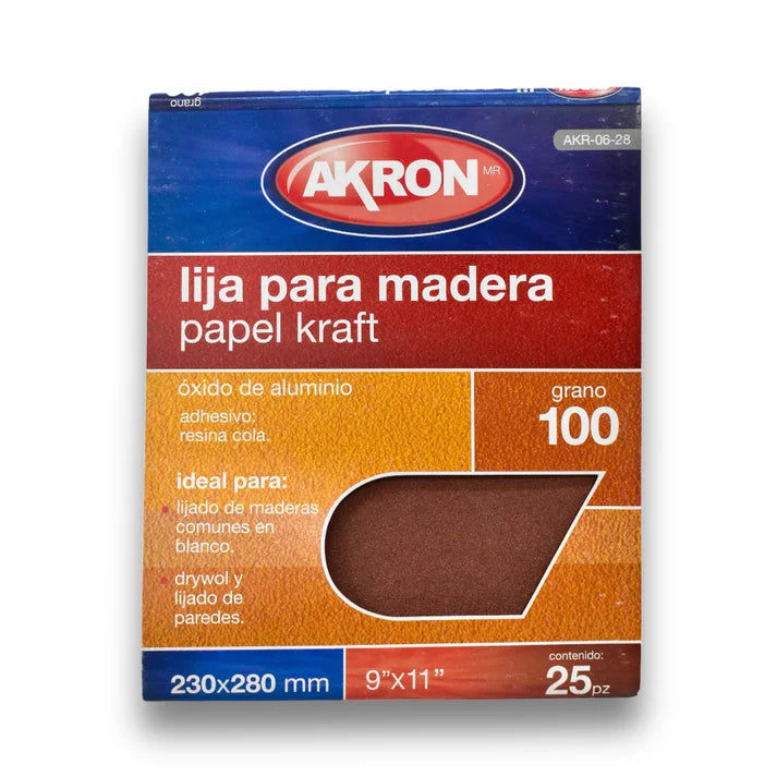 Lija de Madera Akron AKR06-28 | Grano 100 Kraft | 25 Hojas