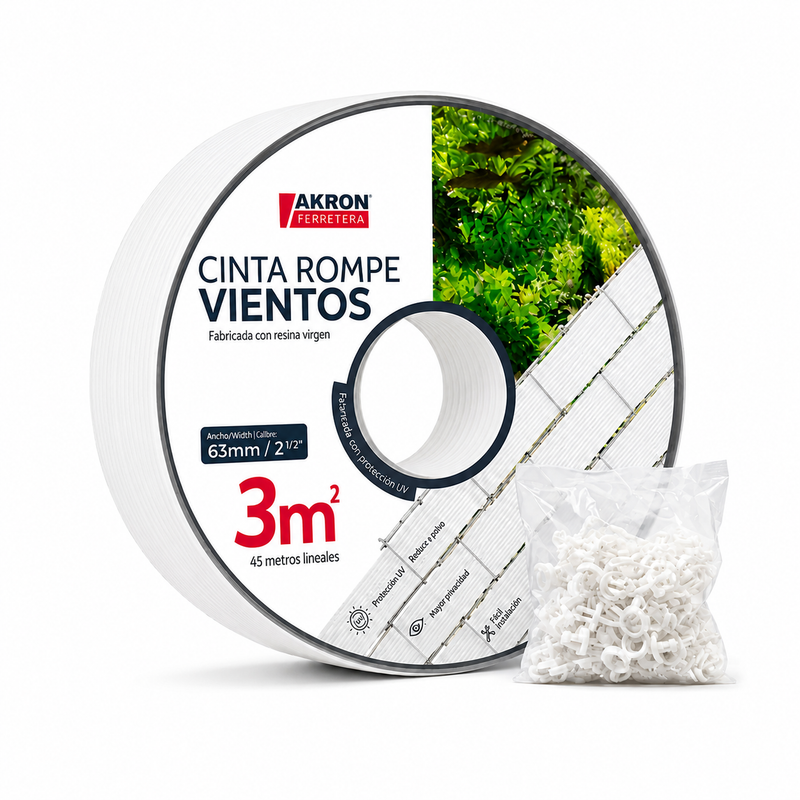 Cinta Rompe Vientos 63mm color blanca Akron para Malla Ciclónica | CP-3MB | 3m² | Privacidad y Protección