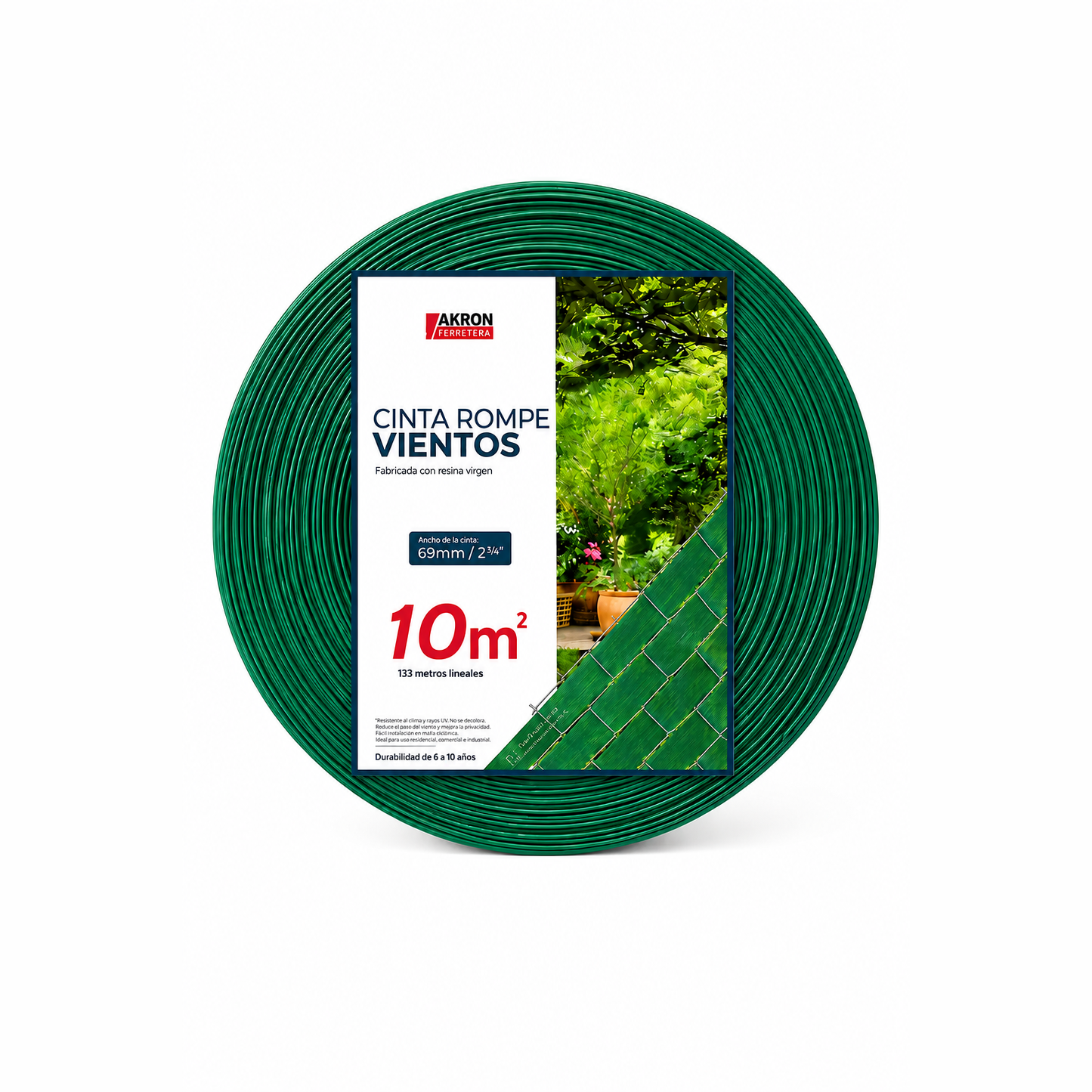 Cinta Rompe Vientos 69 mm color verde Akron para Malla Ciclónica | CP-10MV | 10 m² | Privacidad y Protección