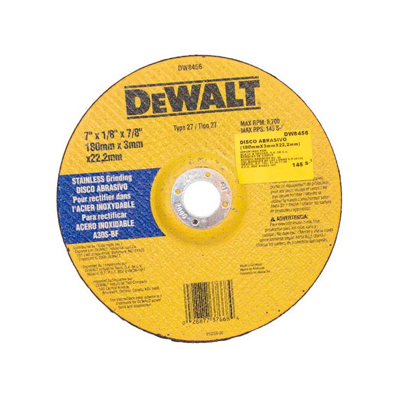Disco para Rectificar de Acero Inoxidable 7" de 1/4 y 1/8 Dewalt - 7" x 1/8
