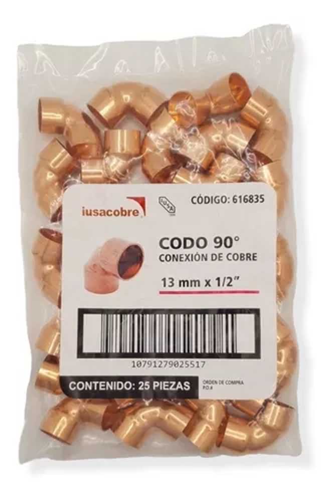 Codo de Cobre 90° IUSA, 1/2" y 3/4", 25-20 pzs - 1/2"(25 pzs)