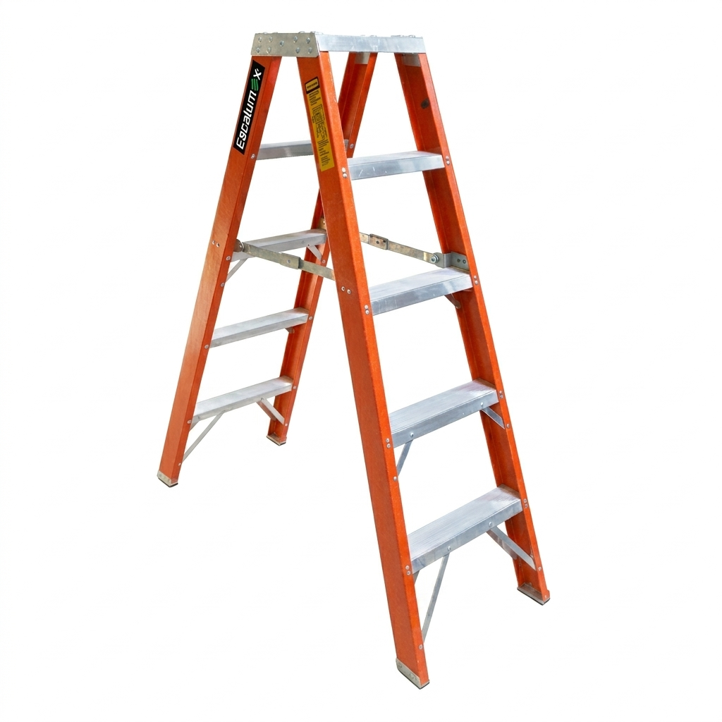 Escalera de Tijera Doble Akron 80-82 | De Fibra de Vidrio | Altura 1.44m | 8 Peldaños | Uso Industrial Pesado (Tipo IA)