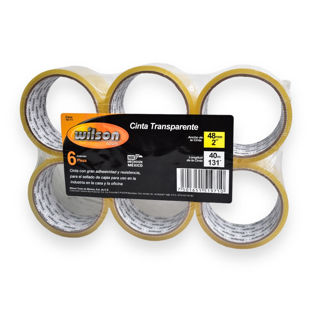Cinta Adhesiva de 2" (48mm), 40m y 100m, Paquete de 6 pzs - Transparente 2"x40mts