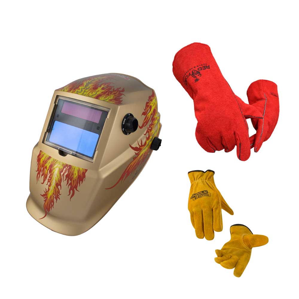 Paquete Careta Electrónica Firestarter Gold, Guante Argonero y Guante Básico