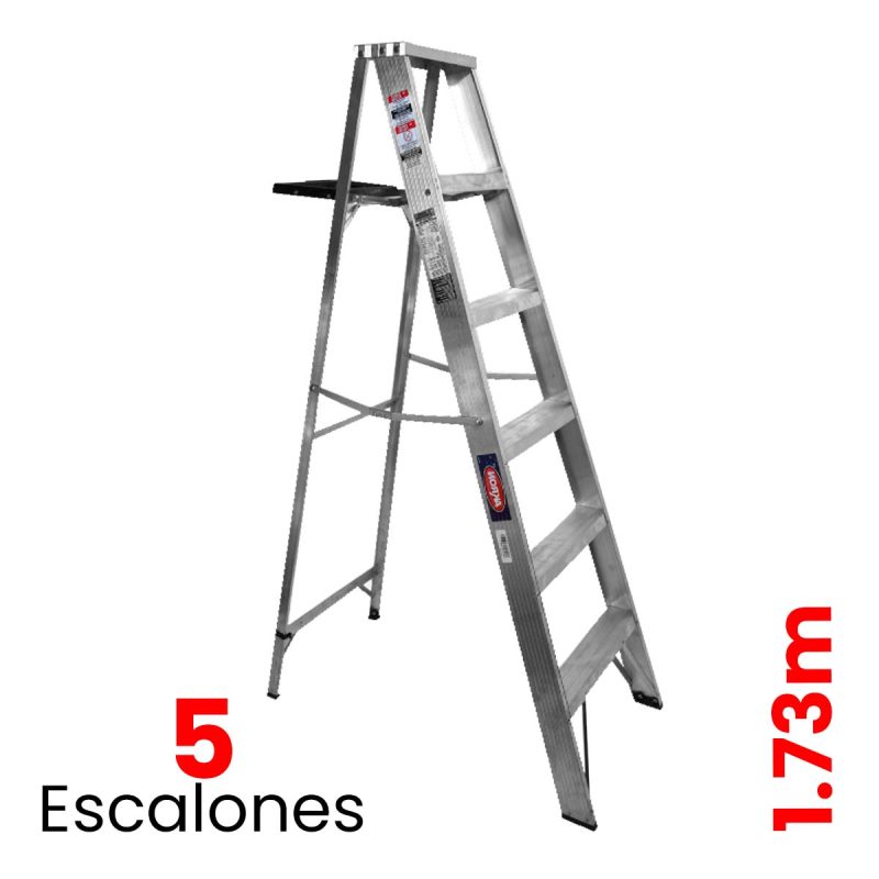 Escalera de Tijera Aluminio 5 Escalones con Plataforma de Aluminio y Porta Cubeta Tipo III